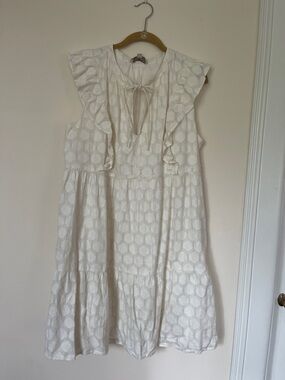 LOFT Cream Eyelet Ruffle Tie-Front Mini Dress